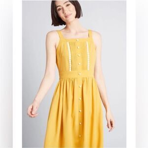 ModCloth Mustard Midi Sundress, Romantic CottageCore Button front Lace - Small